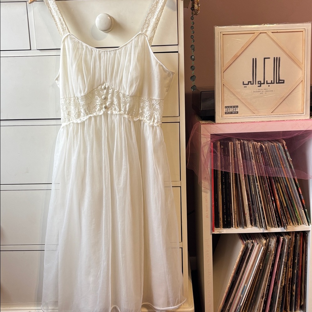 Vintage County Slip Dress Lace Mini Bridal Wedding Milkmaid Tulle Babydoll M 60’